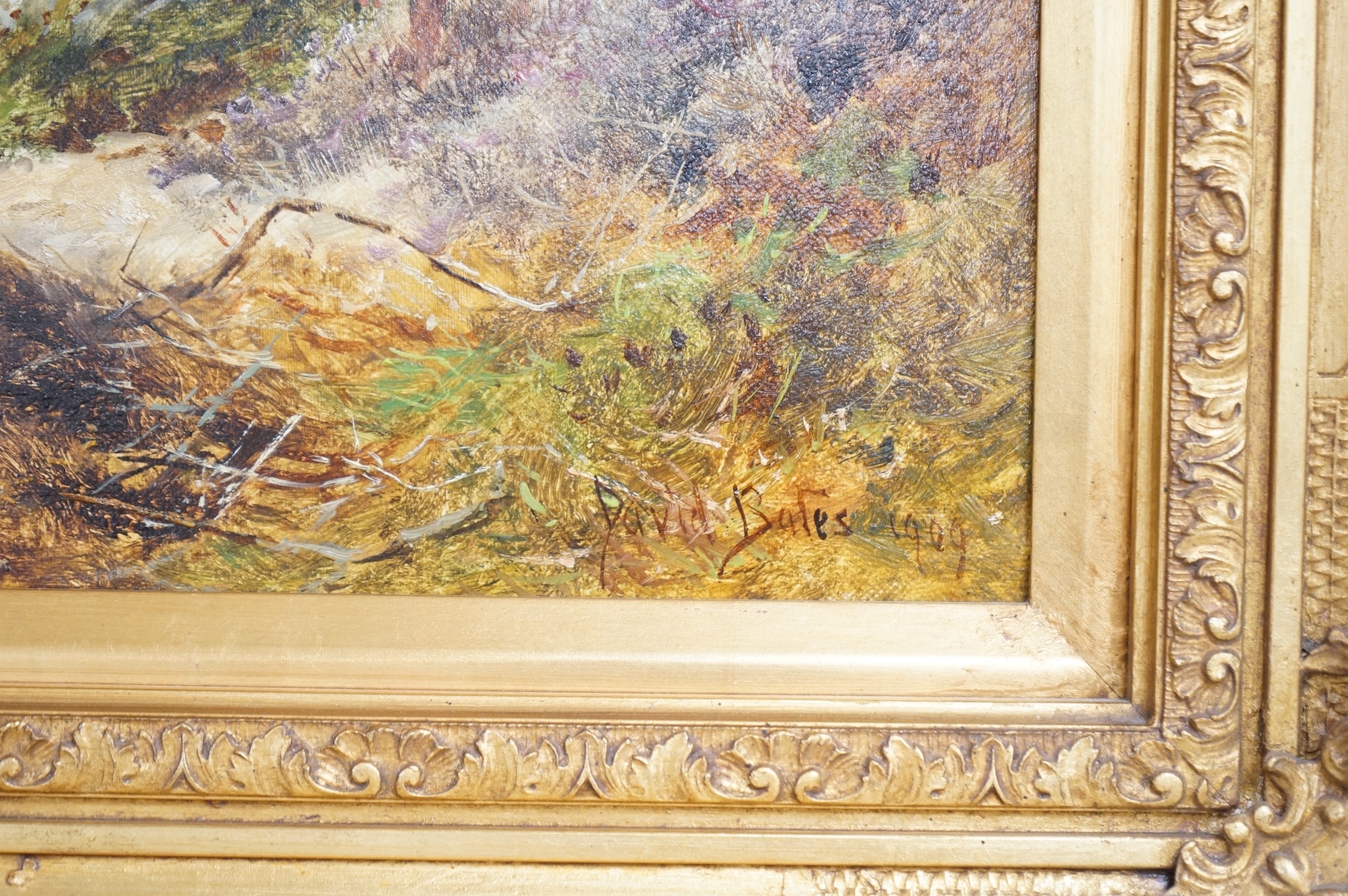 David Bates, 'A Spate on the Lledr', signed and dated 1909, Haynes Fine Art of Broadway, paperwork and label verso, oil on canvas, 45 x 60cm, ornate gilt frame